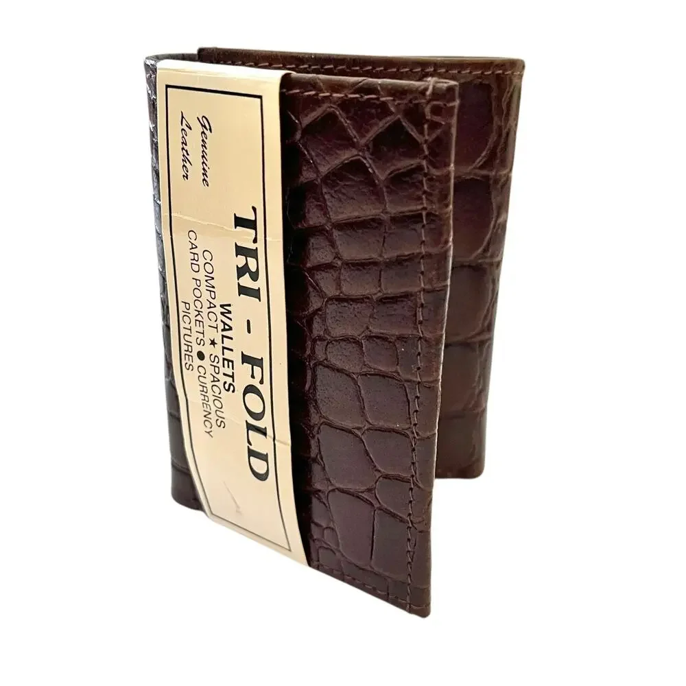 NWT Deadstock Vintage Croc-Embossed Brown Leather Tri-Fold Men's Wallet